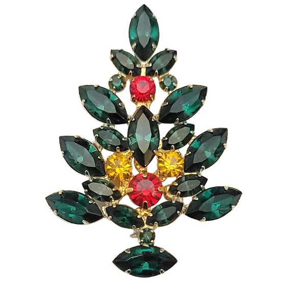 Gold Tone Red Yellow Green Prong Set Rhinestone Christmas Tree Pin Brooch, M1012